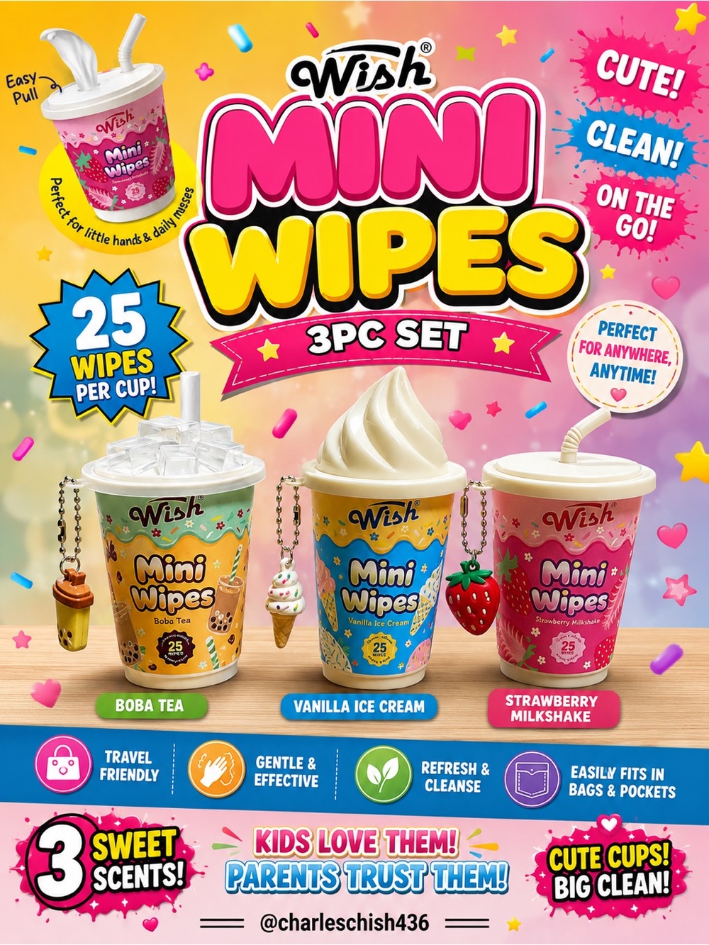 Wish Mini Wipes 3pc Set - Strawberry Pink, Vanilla Blue & Boba Tea Green